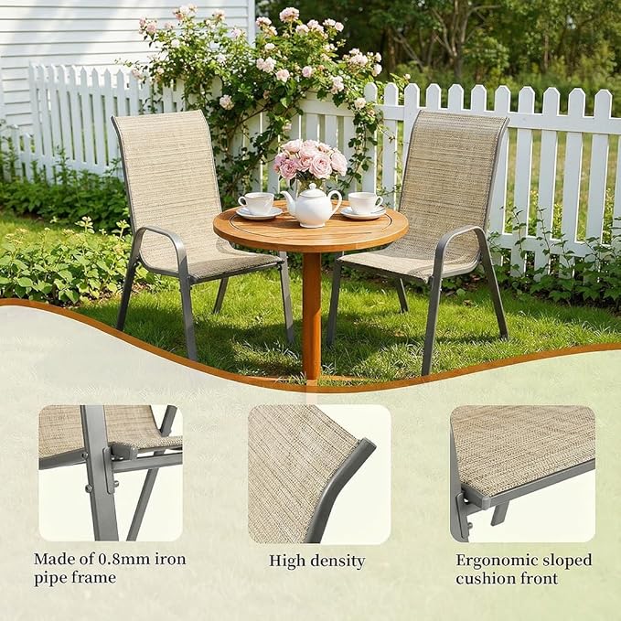 MAMIZO Patio Dining Chairs, Stackable All Weather Teslin Chair, Heavy Duty Outdoor Breathable Chairs Set, w/Armrests, Upgraded Chair FeetW/Strenthened Iron Spacers, 330 LBS (6, Brown)