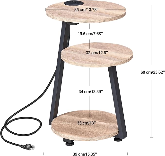 BEWISHOME Round End Table with Charging Station, Side Accent Table with 3-Tier