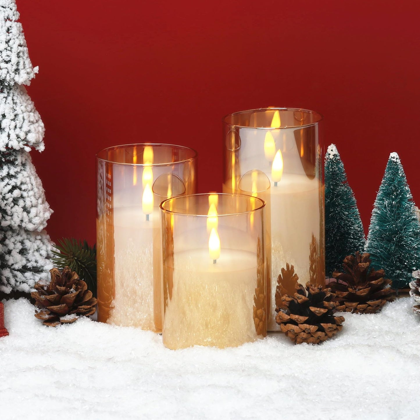 Eywamage Gold Glass Flameless Pillar Candles with Remote, Flickering Christmas LED Candles Battery Operated Set of 3