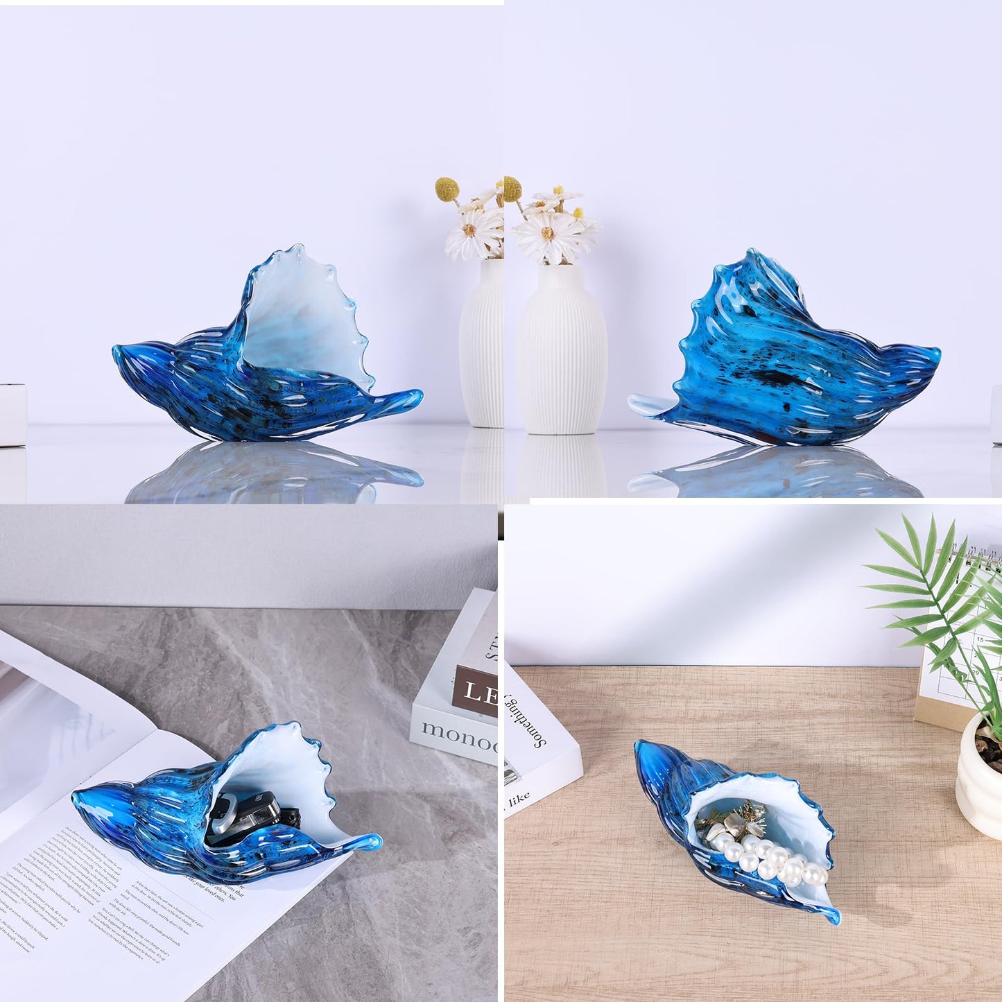 Sea Glass Art Figurines Hand Blown Sea Glass Conch Decor - Ocean Themed Coastal Room Decor, Sea Shell Sculpture Storage for Coastal Room Knick Knacks, Home Kitchen Decorations Above Cabinets (A)