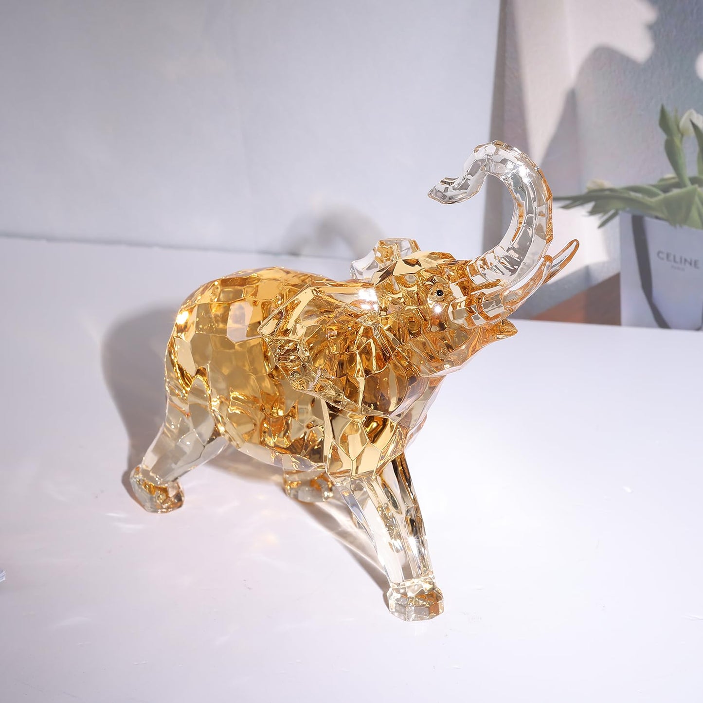 Acrylic Clear Elephant Figurines Crystal Glass Finish, High End African Statues for Home Decor, Elephants with Trunk up, Large Elephants Statue Sculpture,Office Feng Shui Lucky Elephant Gifts