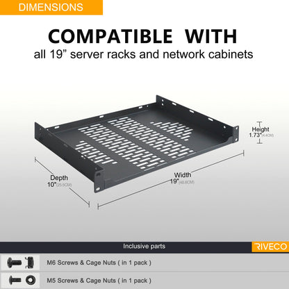 RIVECO 2 PCS 10” Rack Shelves for 19 inches Network Rack & Cabinets, 1U Rack Mount Shelf Vented Cantilever Tray, for Server, IT & Sound Equipment
