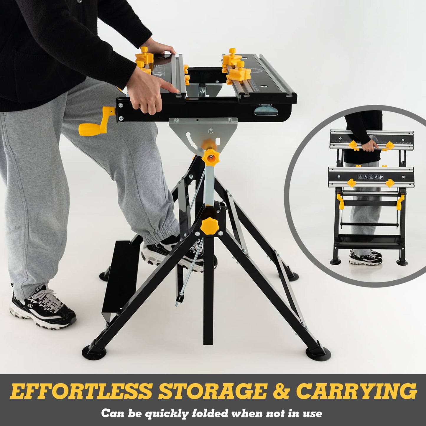Toolsempire Portable Workbench, Folding Work Bench and Vise with 2 Rotary Handles, 7-Level Adjustable Height, 8 Sliding Clamps, Tiltable & Extendable Tabletop, Workbench Table for Garage, Workshop