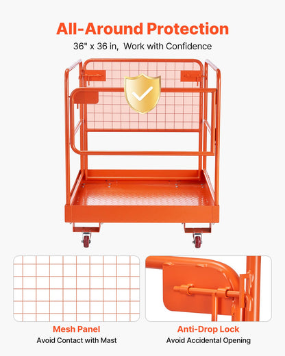 VEVOR Forklift Man Basket, 36.6 x 36.6 Inch Forklift Safety Cage with 4 Wheels, 1200 lbs Capacity Heavy Duty Work Platform, Collapsible Lift Basket Safety Set, for Most Aerial Jobs Lifting Loader