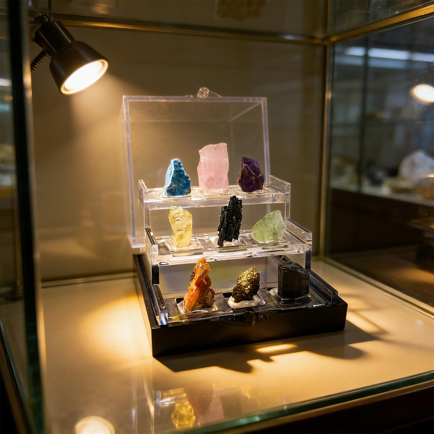 Rare Natural Naturally Mineral Specimen Collection Gift Box-9 Pieces Exquisite Minerals-Square Acrylic Tiered Display Case - Ideal Gifts for Mineral Enthusiasts,Geography Enthusiast-(Small)