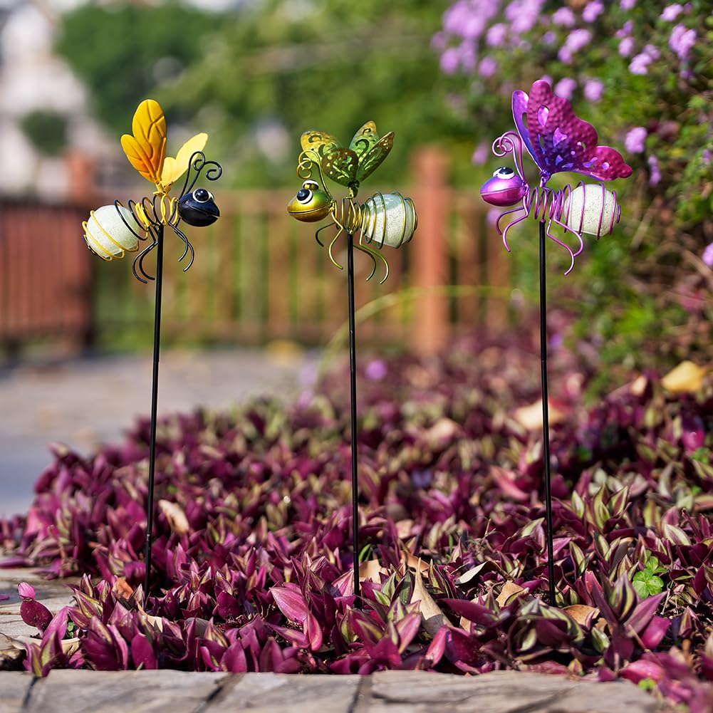 SATHGA Garden Decor for Outside,3 Pcs Luminous Insect Garden Decorative Stakes,Glow in The Dark Bee Lights Metal Yard Art,Waterproof Outdoor Spring Lawn Patio Pathway Decoration for Mom,Women,Grandma