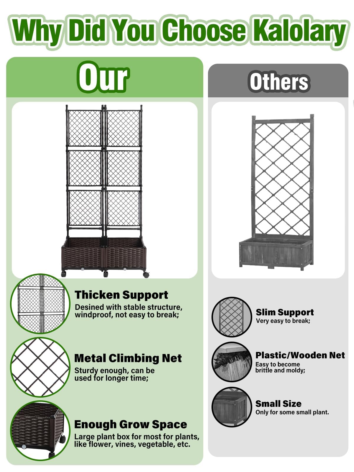 Kalolary 170CM Raised Garden Bed with Metal Trellis, Large Plastic Planter Box with Drainage Hole on Wheels Tomato Planters Climbing Trellis Outdoor Indoor for Climbing Plants Vegetable Flowers Vine