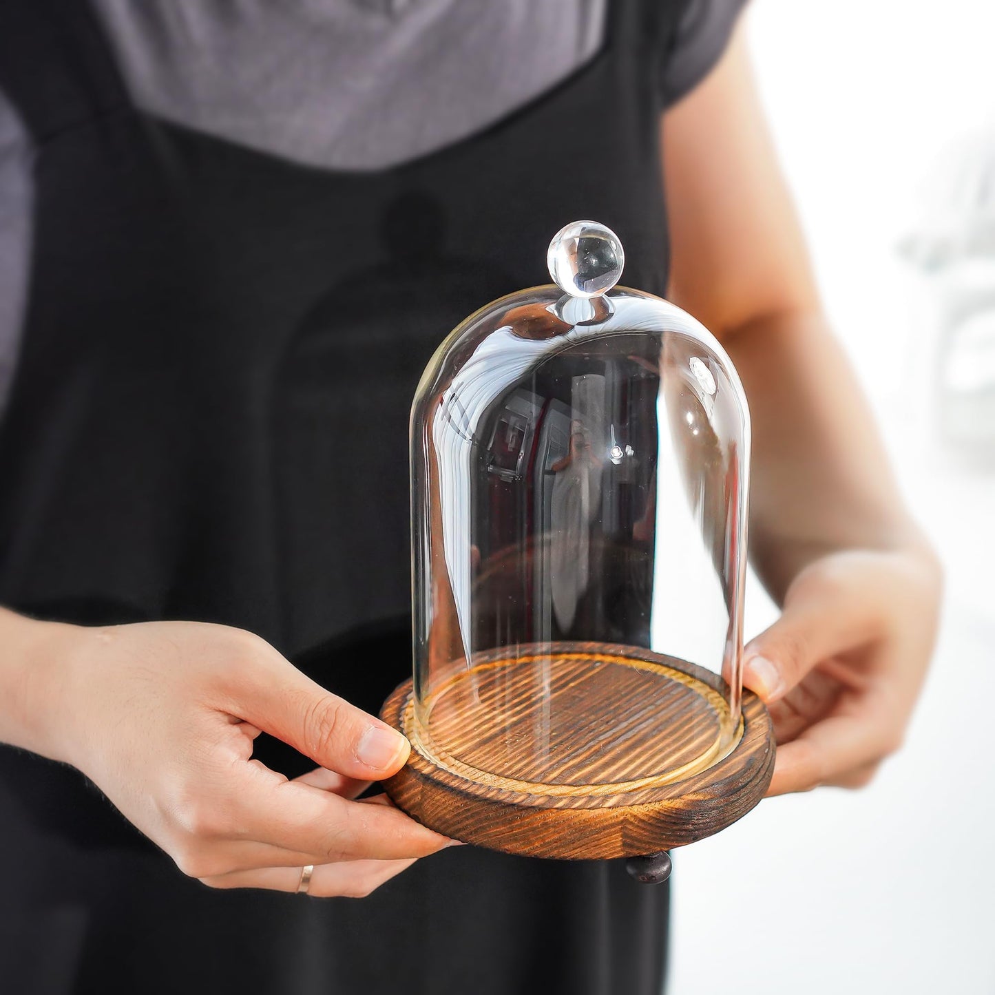 2 Pack Decorative Glass Cloche Bell Jars with Wooden Bases, 6.4" Tall Tabletop Accent Covers for Seasonal Centerpieces, Fairy Lights and Home Decor