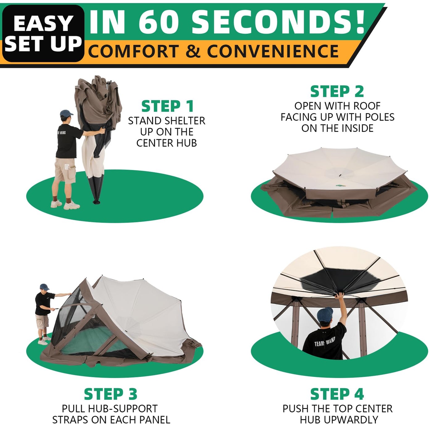 COBIZI Pop Up Gazebo Screen Tent Screen House for Camping, 15x15 Screen Room with Mosquito Netting, Hub Tent Instant Screened Canopy with Carrying Bag and Ground Stakes, Brown
