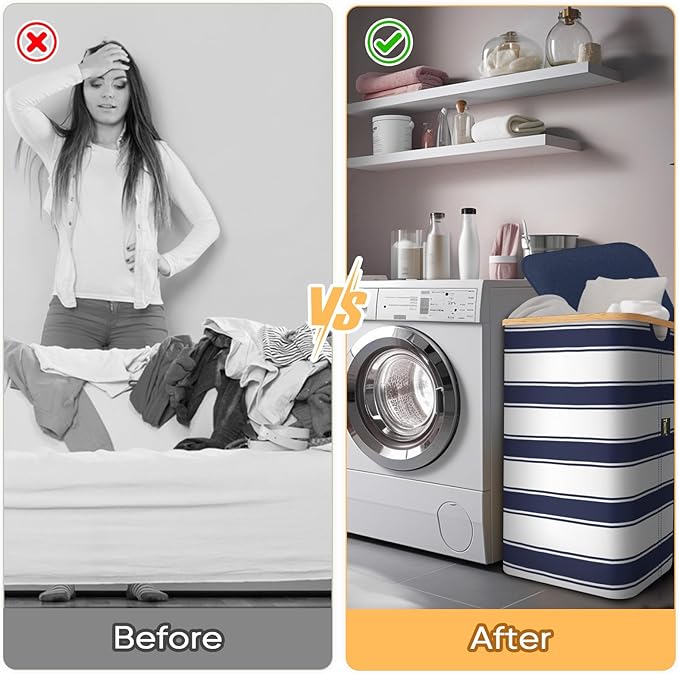 BALEINE Laundry Hamper with Lid, Tall Laundry Baskets with Bamboo Pull Handles