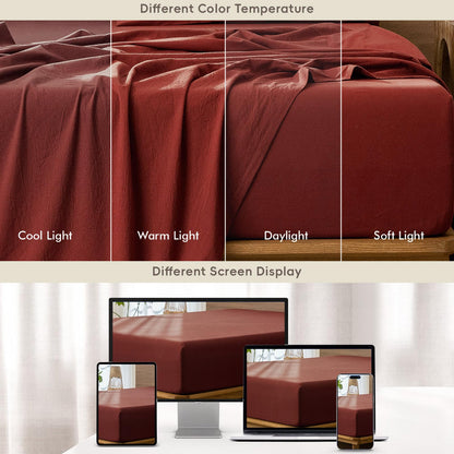 MooMee Fitted Bottom Sheet Only 100% Washed Cotton Linen Like Textured Breathable Durable Soft Comfy Deep Pocket Fits Mattress up to 17" (Solid Fired Brick Red, Queen)