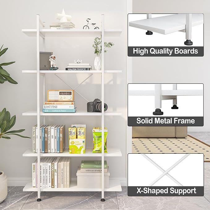 Bookshelf 5 Tiers White Wooden Storage Shelf, Modern Open Display Storage