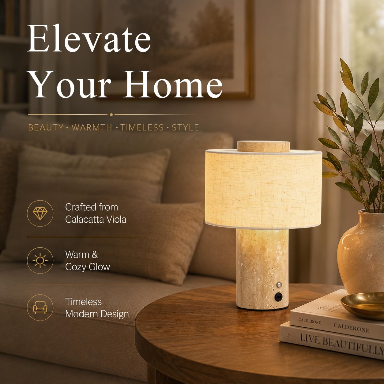 YMXYJM Marble Table Lamp, Rechargeable Cordless Bedside Lamp with Touch Control & Stepless Dimming, Linen Shade Decorative Lamp for Bedroom, Living Room, Nightstand & Bookshelf, Travertine
