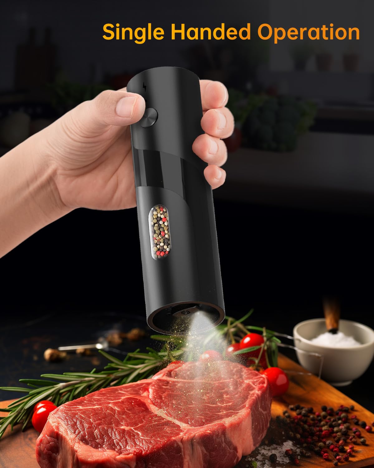 CIRCLE JOY Rechargeable Electric Salt and Pepper Grinder Set Automatic Pepper Mill Grinders with Charging Base, Adjustable Coarseness, 110ml Capacity and White LED Light, Black