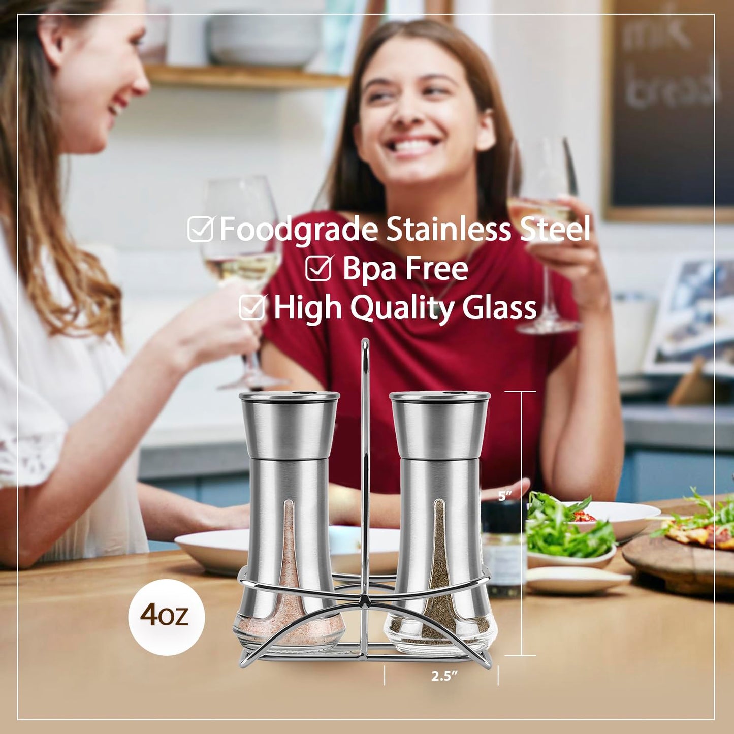 Aelga Salt and Pepper Shakers with Holder, Salt Shaker for the Kitchen with Adjustable Pour Holes for Himalayan, Kosher, and Sea Salts