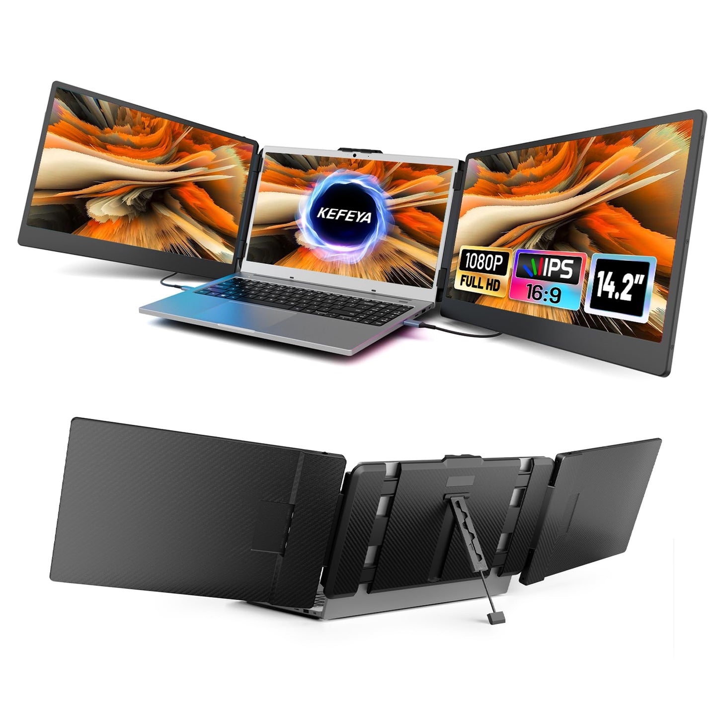 KEFEYA Laptop Screen Extender, 14.2" Portable Triple Monitor for Laptop with Full HD IPS Display, Monitor Extender Compatible with Mac, Windows, Chrome, Fits 13-17 Inch Laptops