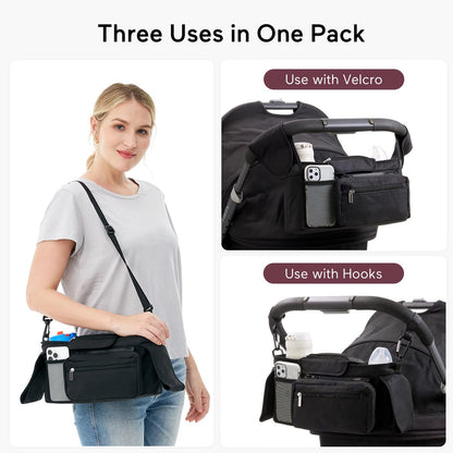 Momcozy Baby Pushchair Organiser, 3 Insulated Cup Holder，Detachable Zippered Pocket, Adjustable Shoulder Strap, Large Capacity for Baby Essentials, Compact Design Fits Any Pram Handlebar