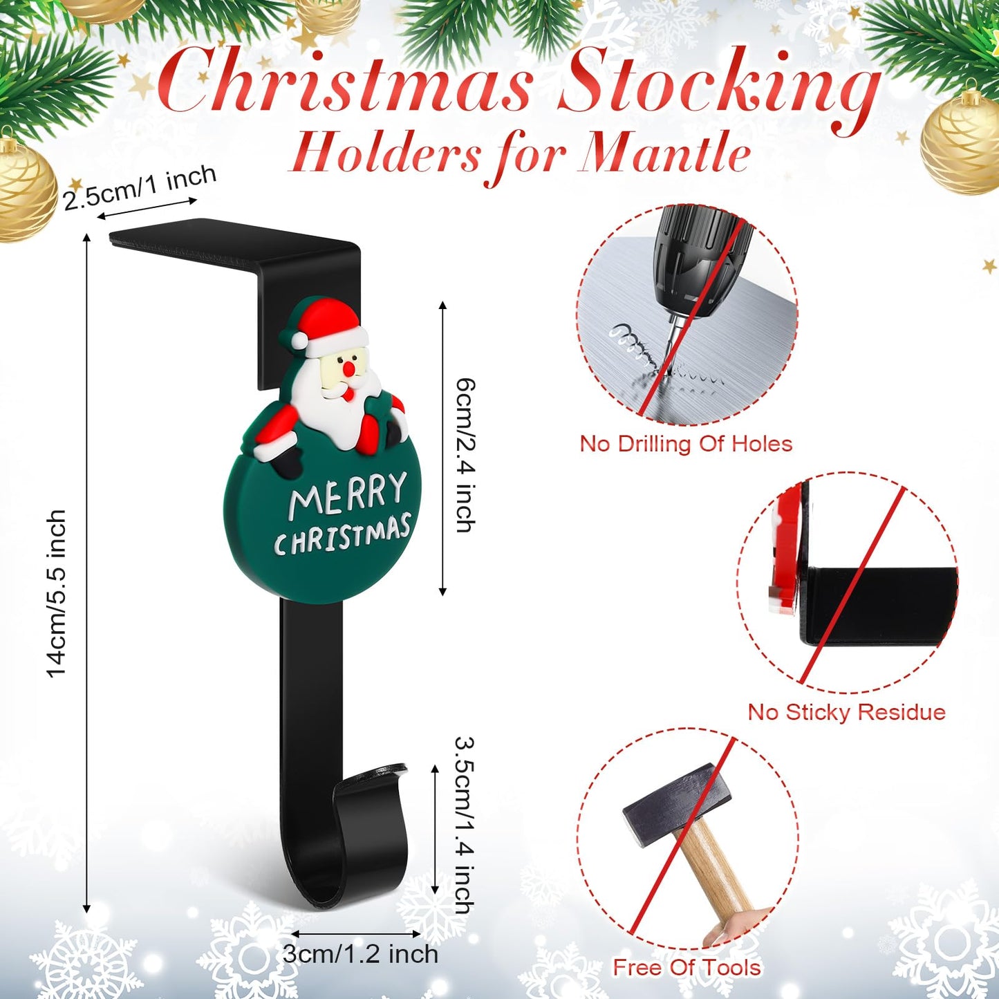 Hicarer Set of 6 Christmas Stocking Hooks for Mantle, Metal Holders for Hanging Stockings, Stocking Hangers for Fireplace for Christmas Decorations (Santa)
