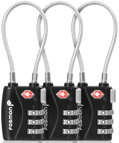 Fosmon TSA Approved Cable Locks for Luggage, Suitcase, Gun Case Locks with Push Release Button, 3 Digit Long Shackle Combination Wire Locks for Backpack Zipper Anti Theft, Gym Locker -3 Pack, Black