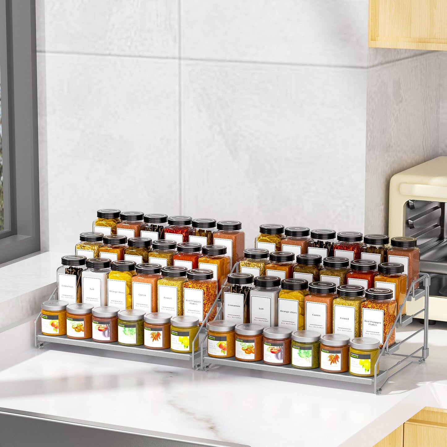 4 Tier Spice Rack for Cabinet, Spice Rack Organizer, Depth Adjustable Spice Holder for Countertop, Cupboard, Pantry, Seasoning Shelf, Metal, Black (1 Pack)