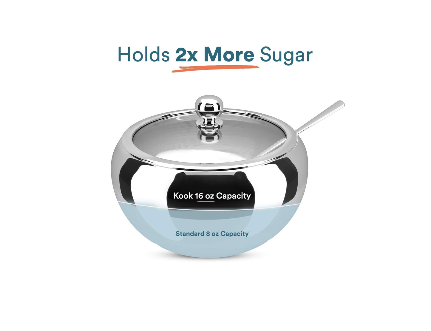 KooK Sugar Bowl with Lid and Spoon, Container with Lid, for Salt, Coffee, Holds 2 Cups, Dishwasher Safe, Stainless Steel, 16 Oz