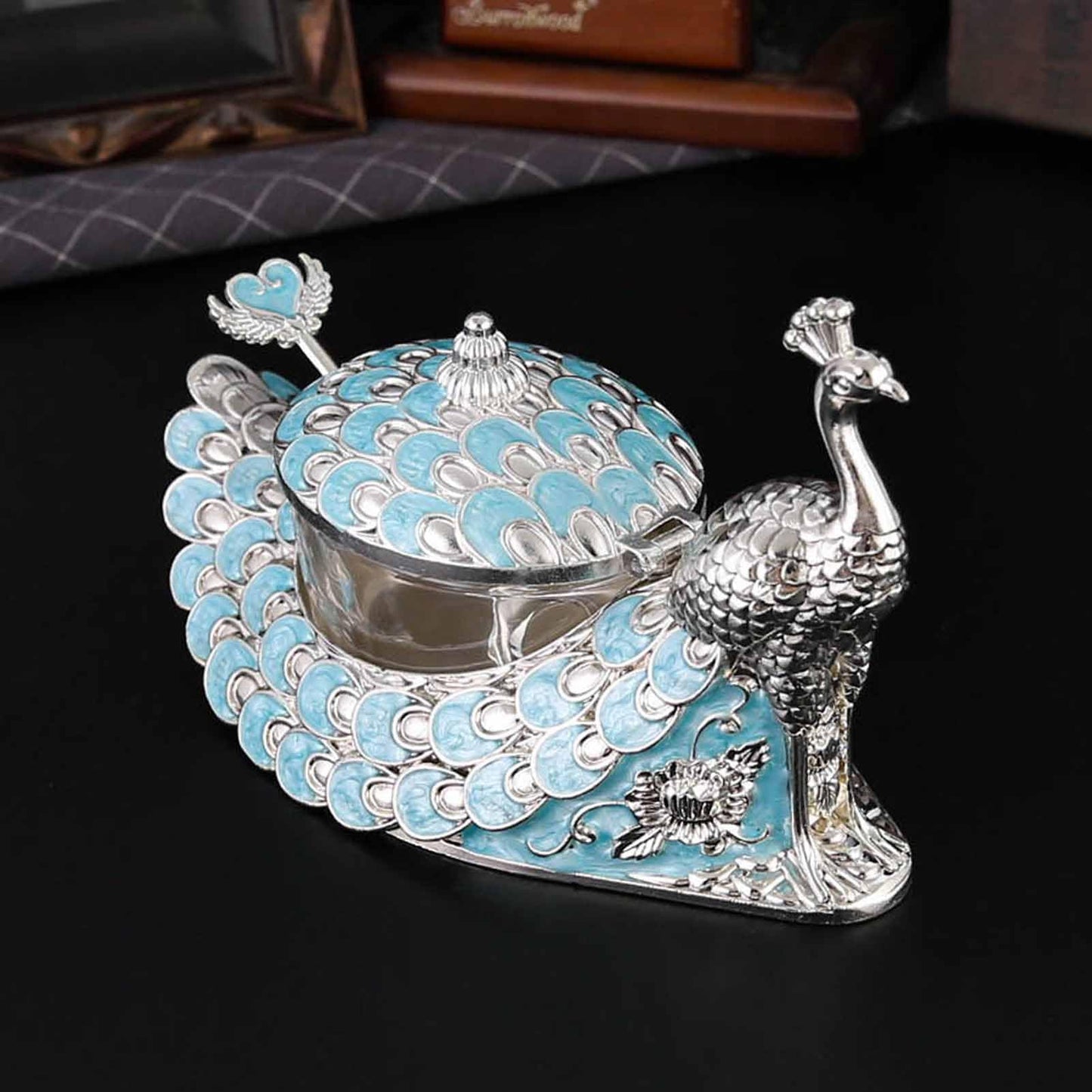 NOENNULL Sugar Bowl with Lid and Spoon Peacock Shaped Vintage Exquisite Embossed Sugar Container for Home Kitchen Coffee Bar Accessories