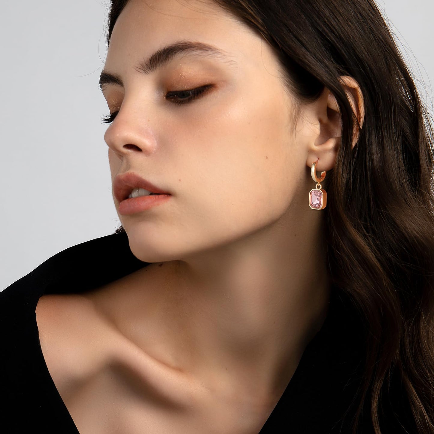 Birthstone Crystal Dangle Drop Earrings, 18K Gold Plated Huggie Hoop Hypoallergenic Earring Jewelry Gifts for Women (Pink)