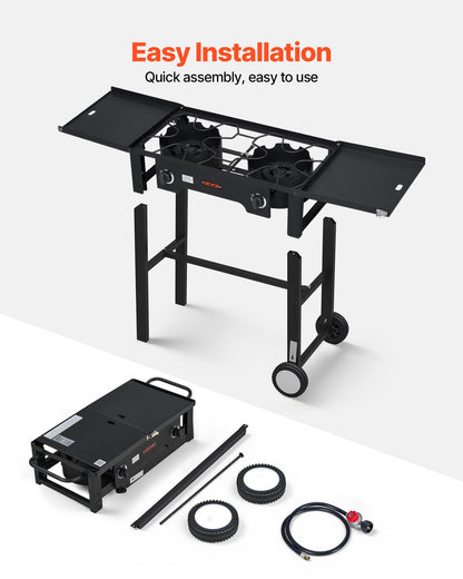 VEVOR 2 Burner Outdoor Propane Gas Stove, 150,000 BTU Propane LPG Gas Camping Stove, Foldable Heavy-duty Carbon Steel Outdoor Cooker, with Wheels & Shield & 20 PSI Regulator, for BBQ Camp Home Patio