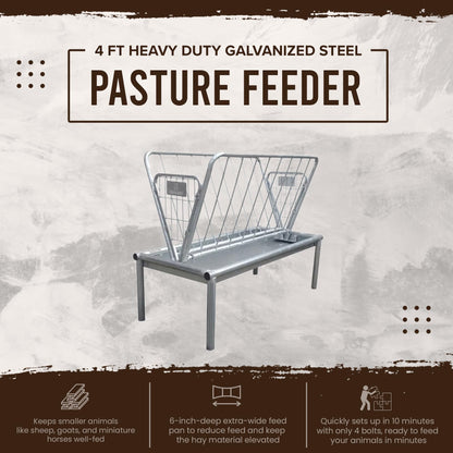 Rugged Ranch Products 4 Foot Long Outdoor Heavy Duty Mini Galvanized Steel Pasture Hay Feeder for Goats, Sheep, and Miniature Horses, Silver