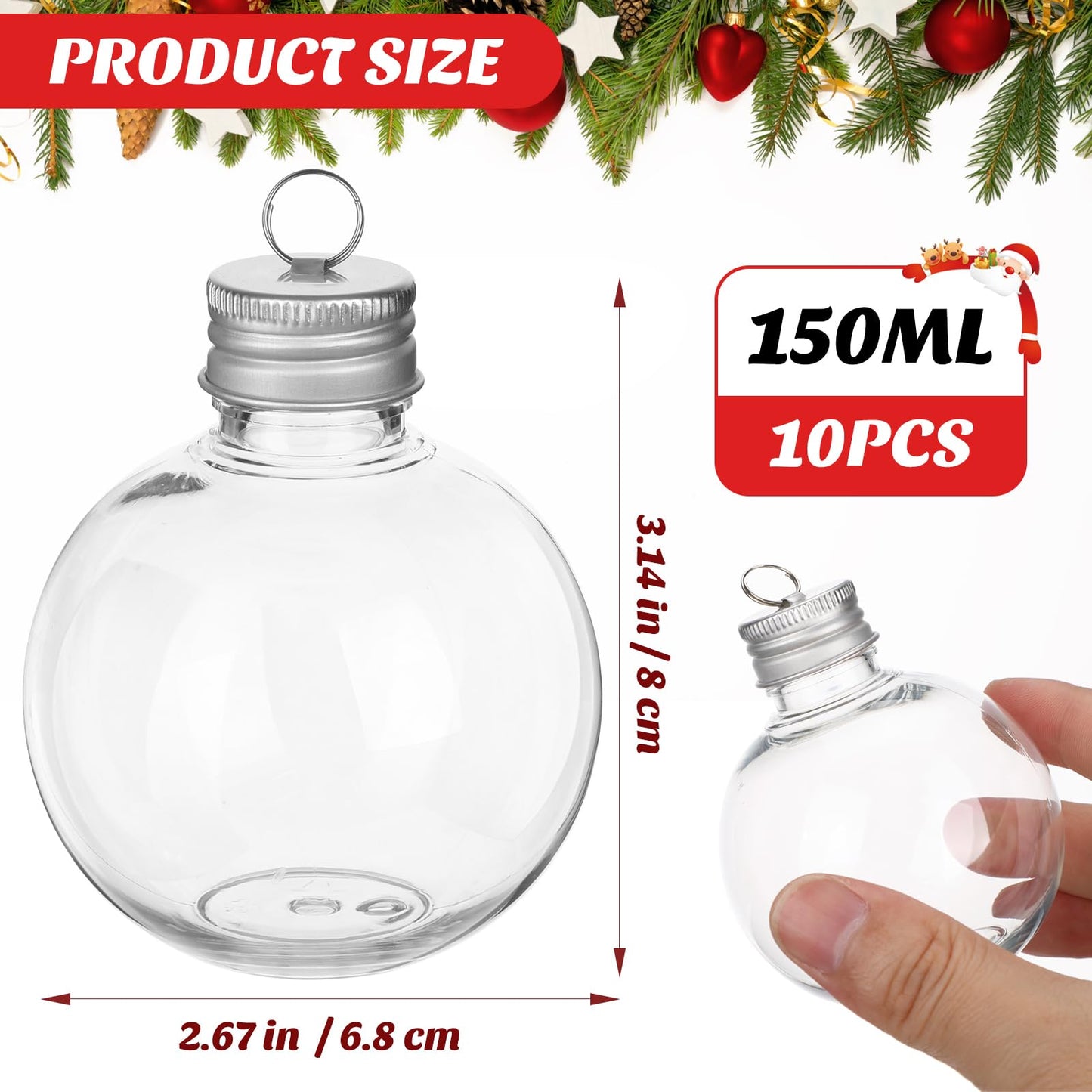 MAGICLULU 10Pcs Christmas Drink Balls, Fillable Booze Balls Ornament Clear Plastic Xmas Tree Ornaments for Drinks Water Candy Party Decoration Silver 150ML