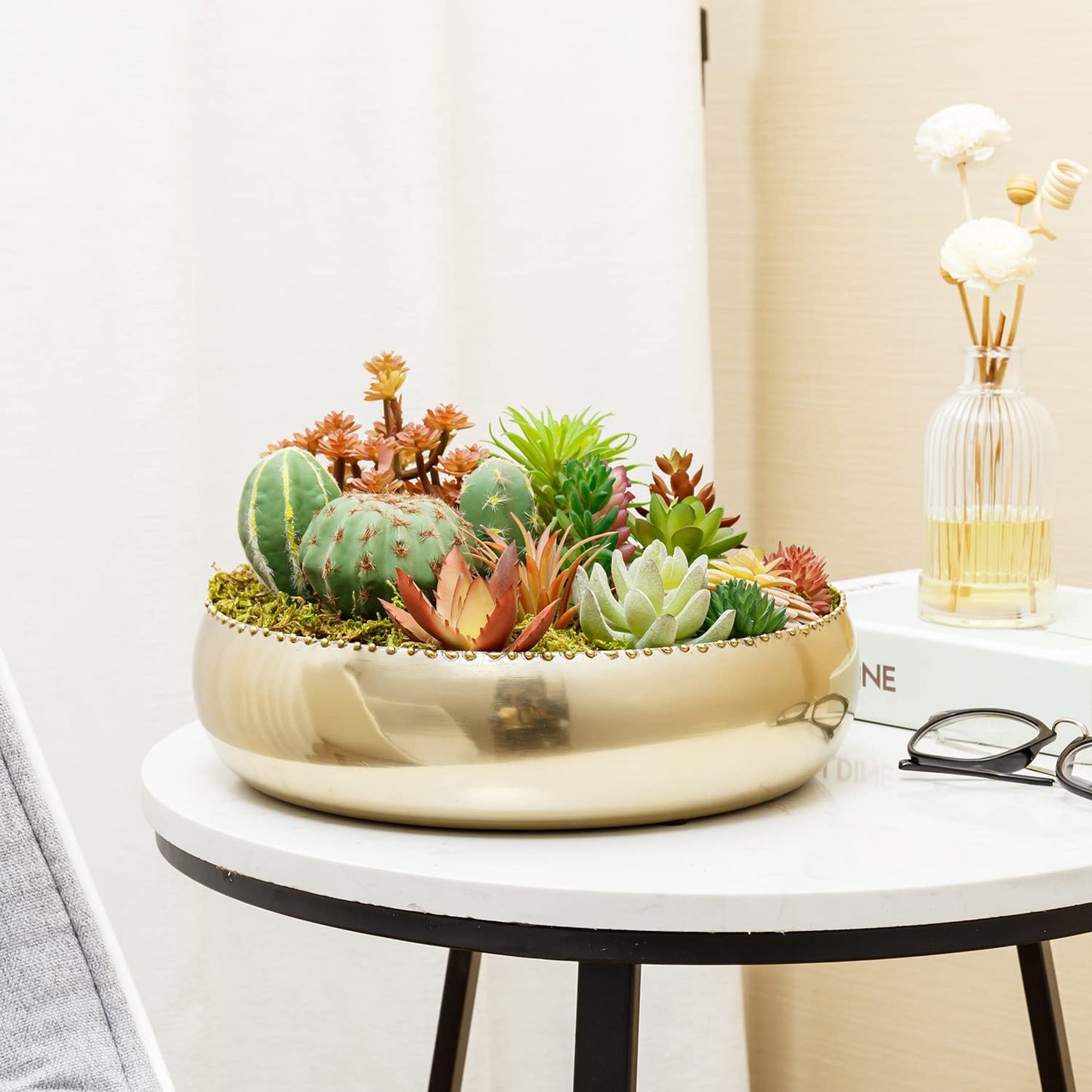 MyGift 11-inch Shiny Brass Toned Metal Round Planter Bowl with Pebbled Rim, Shallow Bowl Succulent Pot - Handcrafted in India