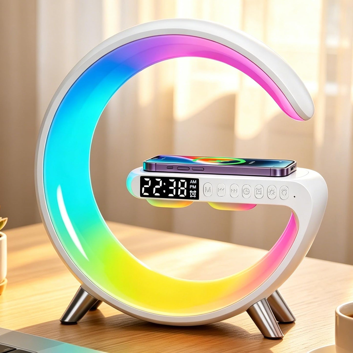 Smart LED Table Lamp with Bluetooth Speaker, Fast Wireless Charger, RGB Night Light, Sunrise Alarm Clock & App Control Bedside Atmosphere Lamp for Bedroom Office Home Decor, Teen Girls Boys Gifts