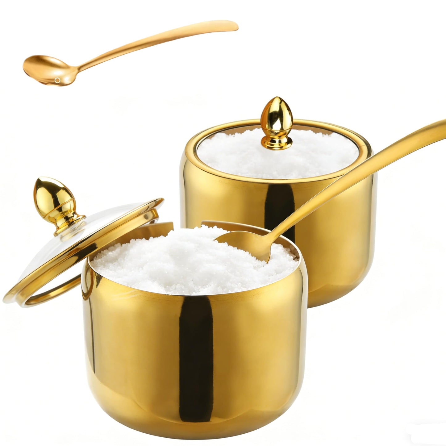 10oz Sugar Bowl 2-Pack with Lid|Gold coffee bar sugar container, includes 2 stainless steel canisters with clear lids. This Suitable for kitchen countertop, seasoning storage, and stylish home decor.