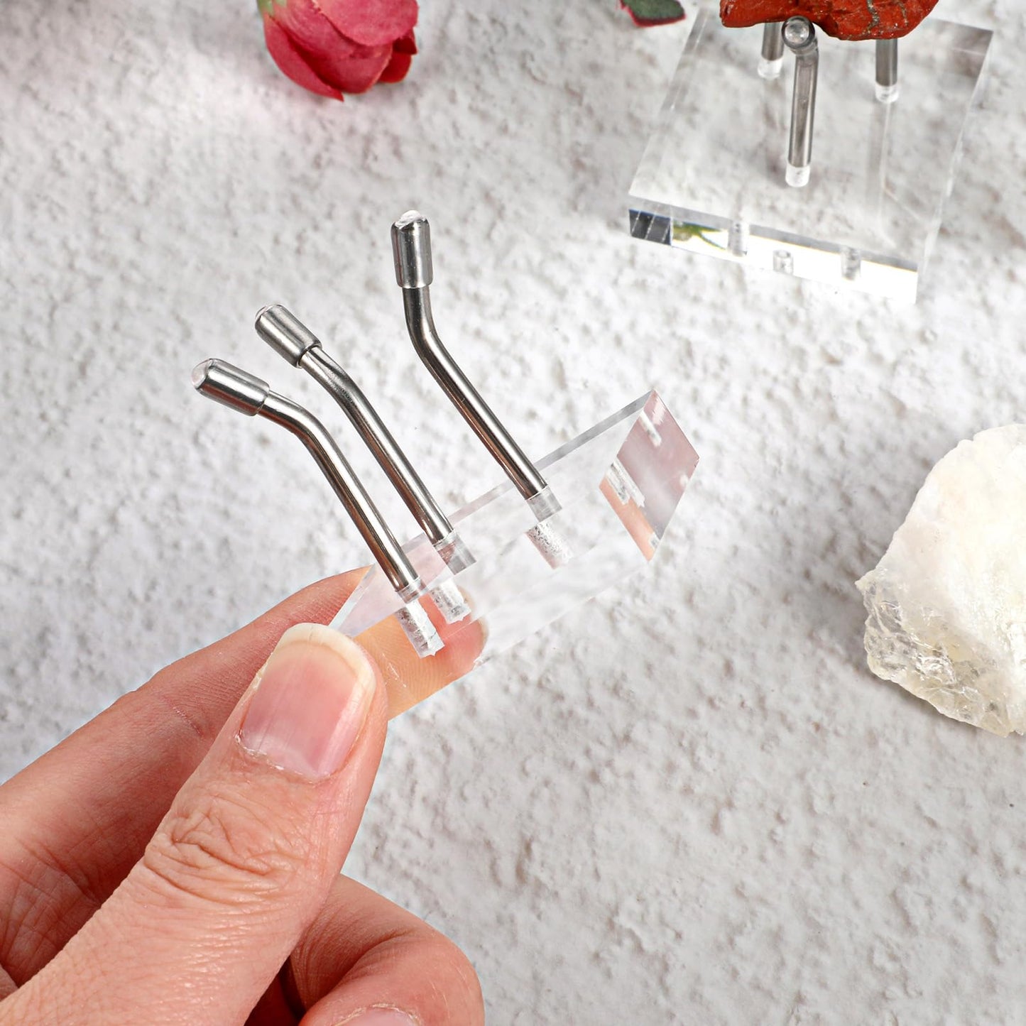 AOZUO 12 Pack Rock Display Stands, Stainless Steel 3 Pegs Rock Display Easel Stands, Clear Acrylic Base Display for Fossil Coral Crystal Geodes Mineral Agate Small Collectibles