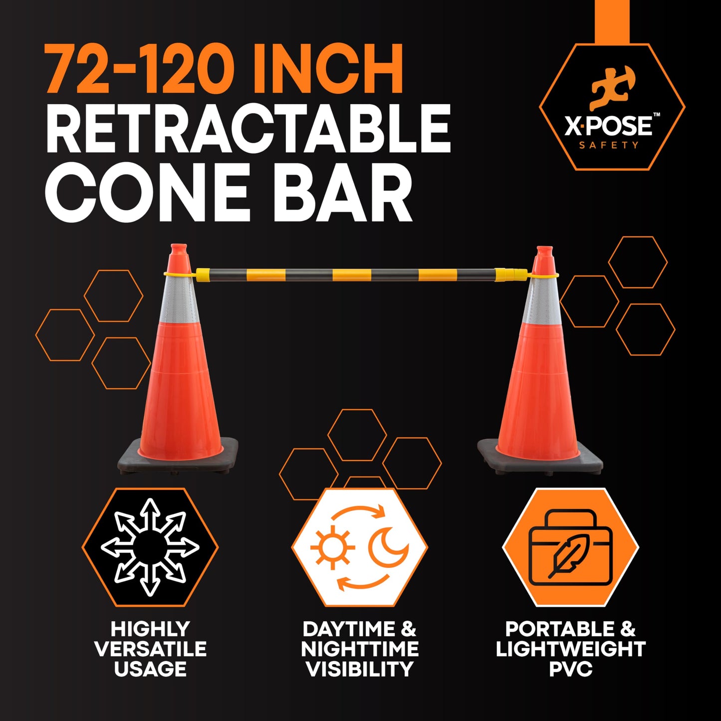 Xpose Safety Reflective Retractable Barrier for Traffic Cones – 6 Pack, Yellow/Black, Expandable 72″–120″ for Construction, Parking & Crowd Control