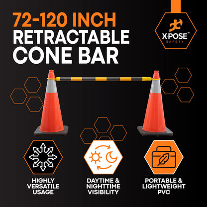 Xpose Safety Reflective Retractable Barrier for Traffic Cones – 6 Pack, Yellow/Black, Expandable 72″–120″ for Construction, Parking & Crowd Control