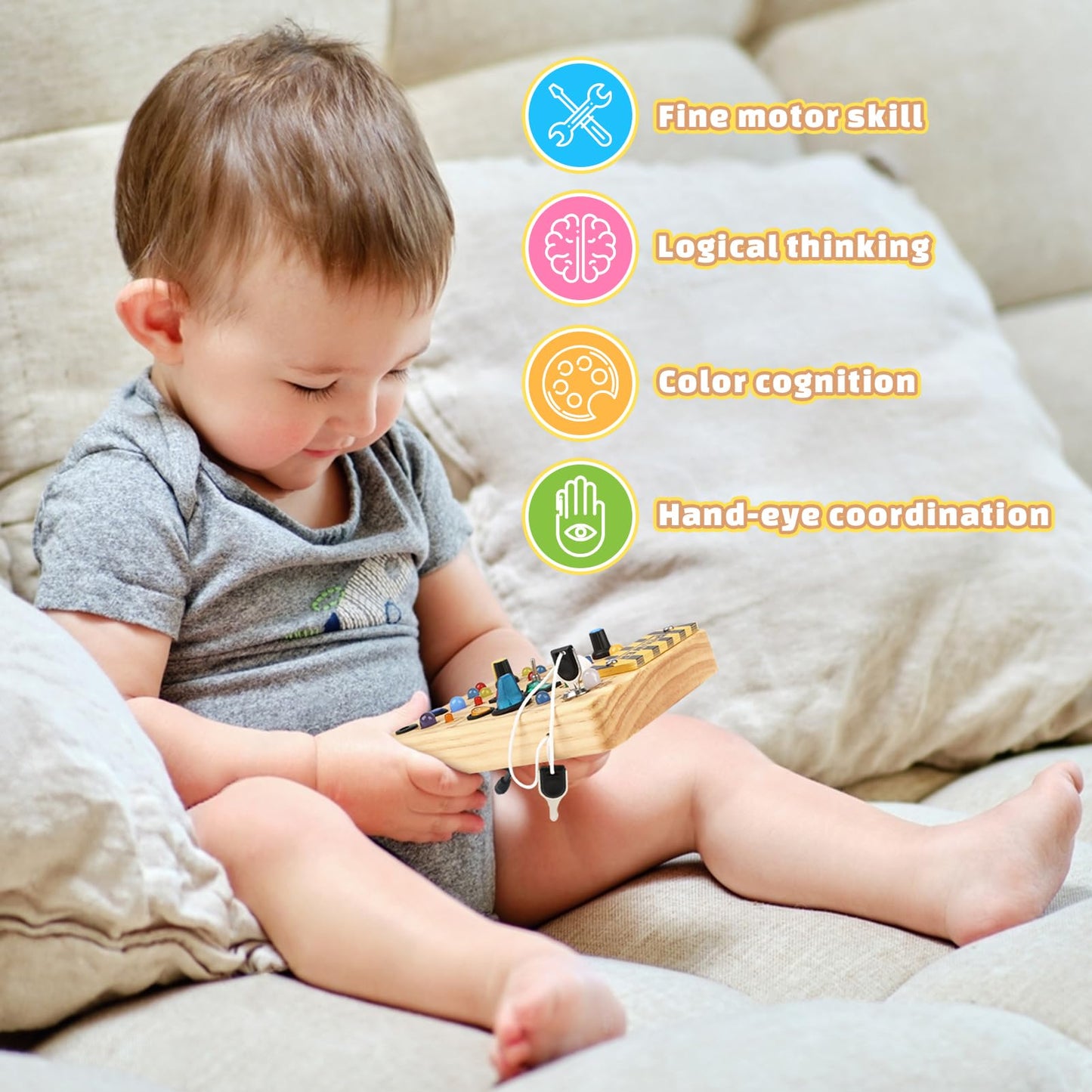 Joyreal Montessori Busy Board 2 Year Old, Wooden Fidget Sensory Toy for Toddlers, Activity Board with 19 LED Lights, Educational Travel Toy for Boys Girls 2 3 4 Year Old