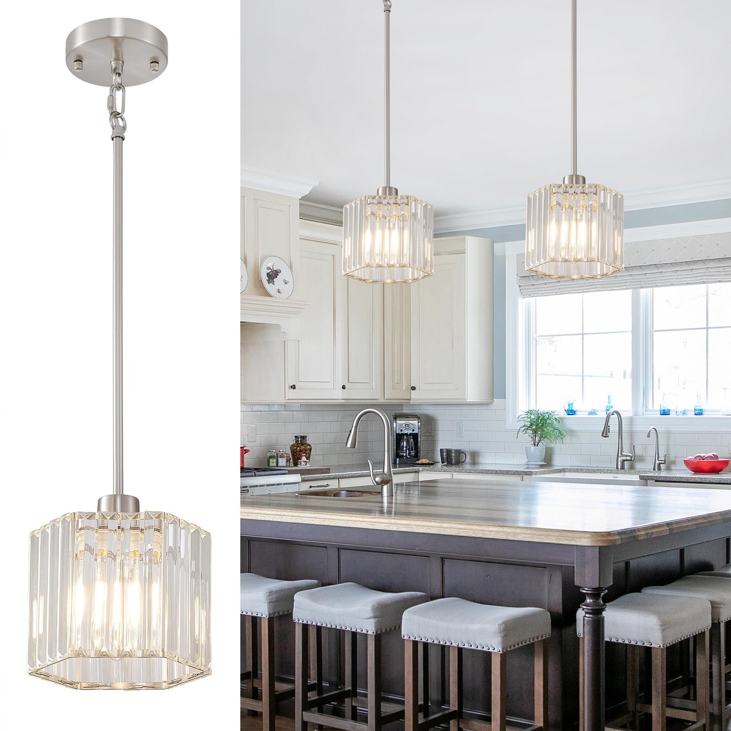 XSDeTu Brushed Nickel Pendant Light Fixtures, Modern Crystal Hanging Ceiling Light, 1-Light Mini Farmhouse Chandelier, Adjustable Hexagonal Island Lights for Kitchen, Dining Room, Bedroom, 2 Pcs