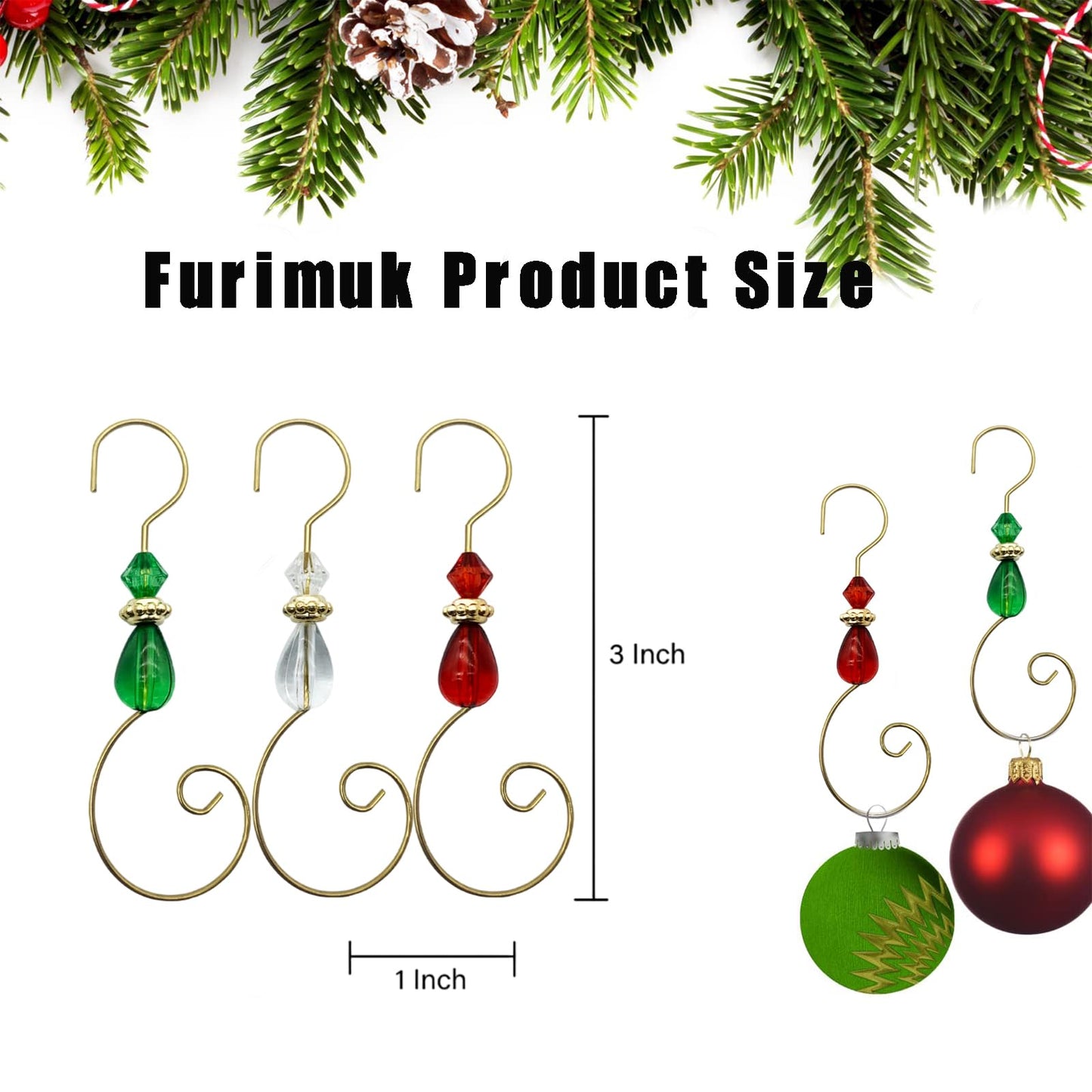 Furimuk 30 Pcs Ornament Hooks Hangers Christmas Decorative Hanging Stainless Wire with Acrylic Crystal Jewel Beaded, Swirl S-Shaped Hangers Hook for Christmas Tree Decorations