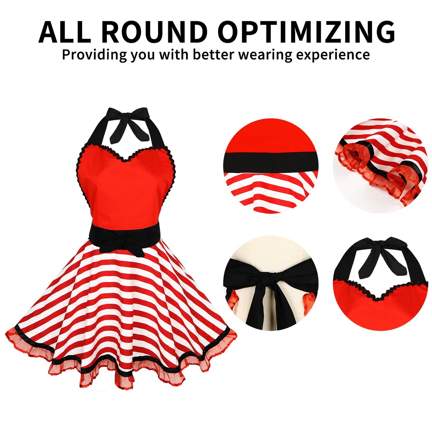 Violet Mist Lovely Retro Kitchen Aprons Women Girl Red Sweetheart Striped Apron for Ladies Cute Lace Apron Vintage Apron Red Christmas Apron 1950s French Maid Cooking Apron Adjustable Waist Mom Gift