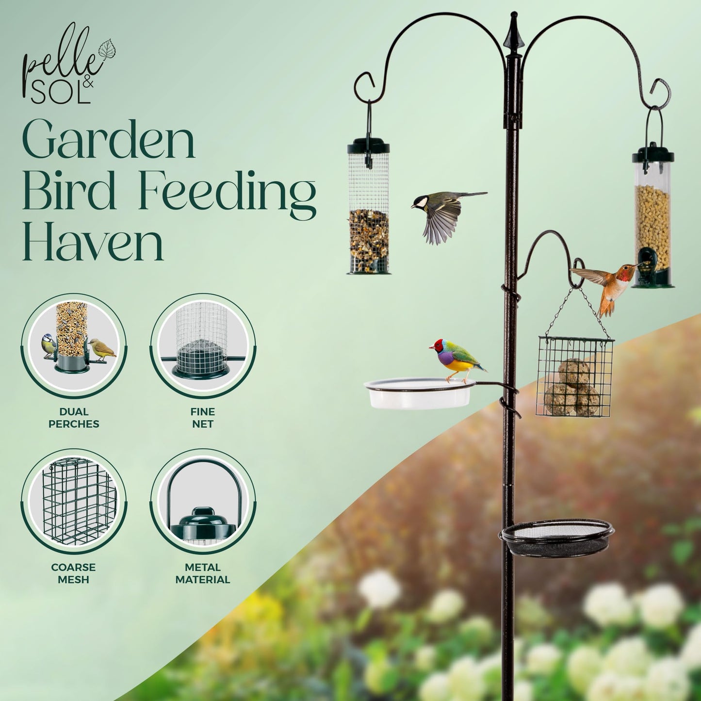 Pelle & Sol Bird Feeder with 3 Bird Feeders & 2 Dishes | Bird Feeders Hanging Station, Bird Feeding Stations for the Garden, Bird Feeders for Small Birds, Bird Feeder Station, Bird Feeding Station