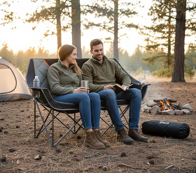 EMERIT Oversized Fully Padded Camping Chair, Heavy Duty 650LB Folding Camping Loveseat, Quad Fold Double Camping Couch with Cup Holders & Carry Bag for Outdoor, Lawn, Sports Events | HIgh Back, Rip resistance, Extra Wide Design, Cross-bracing Hubs, Eas...