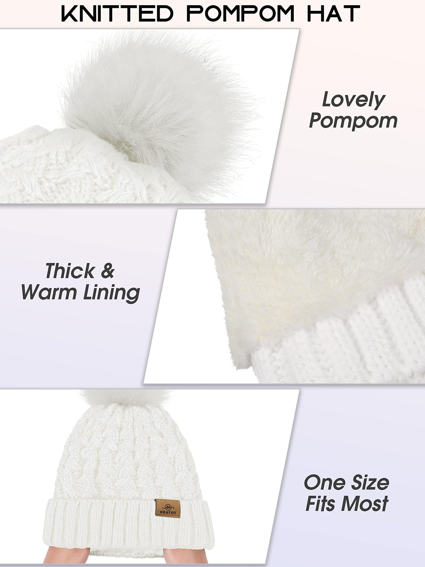 URATOT 4 Packs Winter Warm Set Knitted Pompom Hat Scarf Touch Screen Gloves Ear Warmer 4 In 1 Set for Men or Women