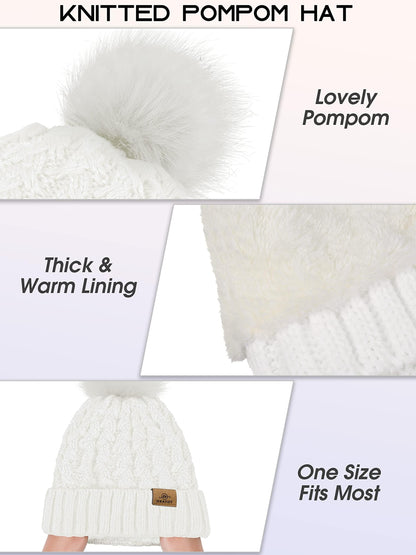 URATOT 4 Packs Winter Warm Set Knitted Pompom Hat Scarf Touch Screen Gloves Ear Warmer 4 In 1 Set for Men or Women