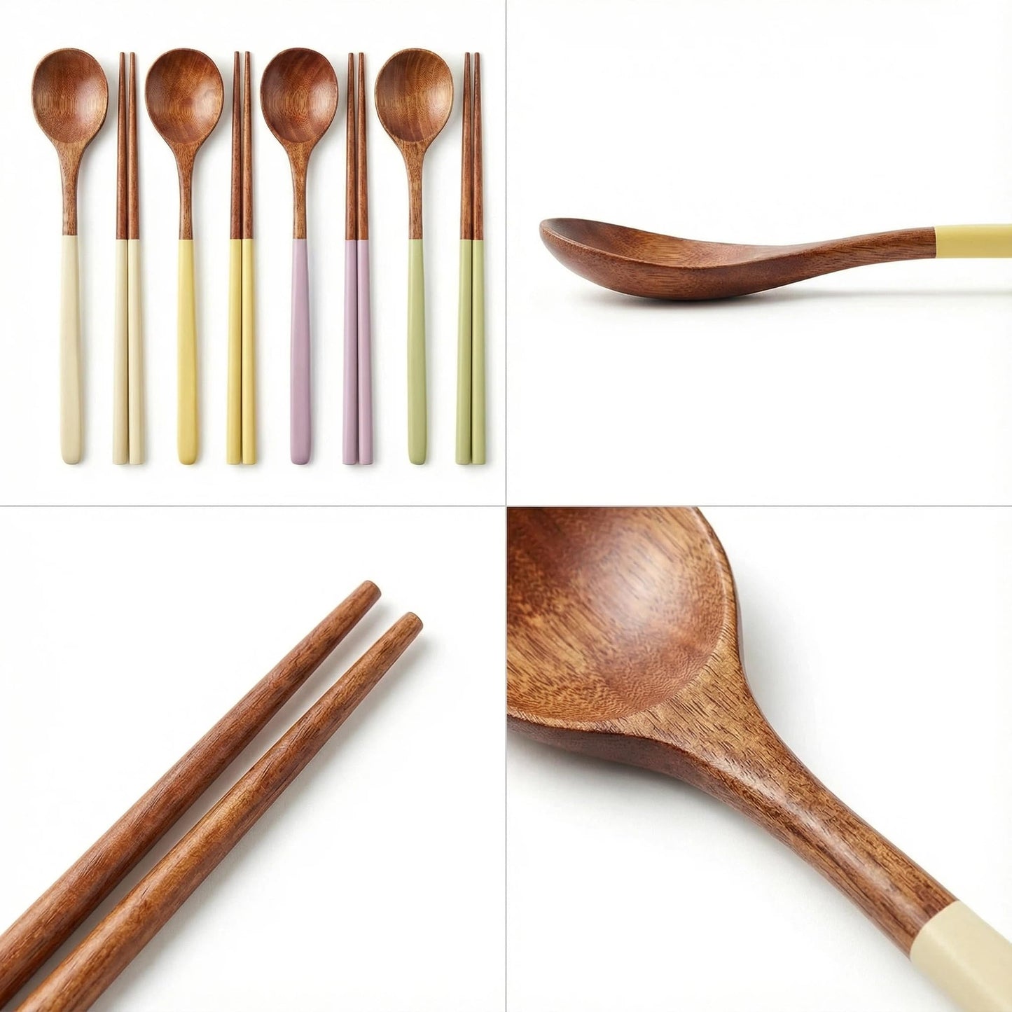 Handmade Wooden Cutlery Set by Diulazin - 4PCS Reusable Spoon and Chopsticks, High-Grade for Daily Use, Parties, Banquets, Buffets, Catering - Eco-Friendly, 9 Inch (Style D)