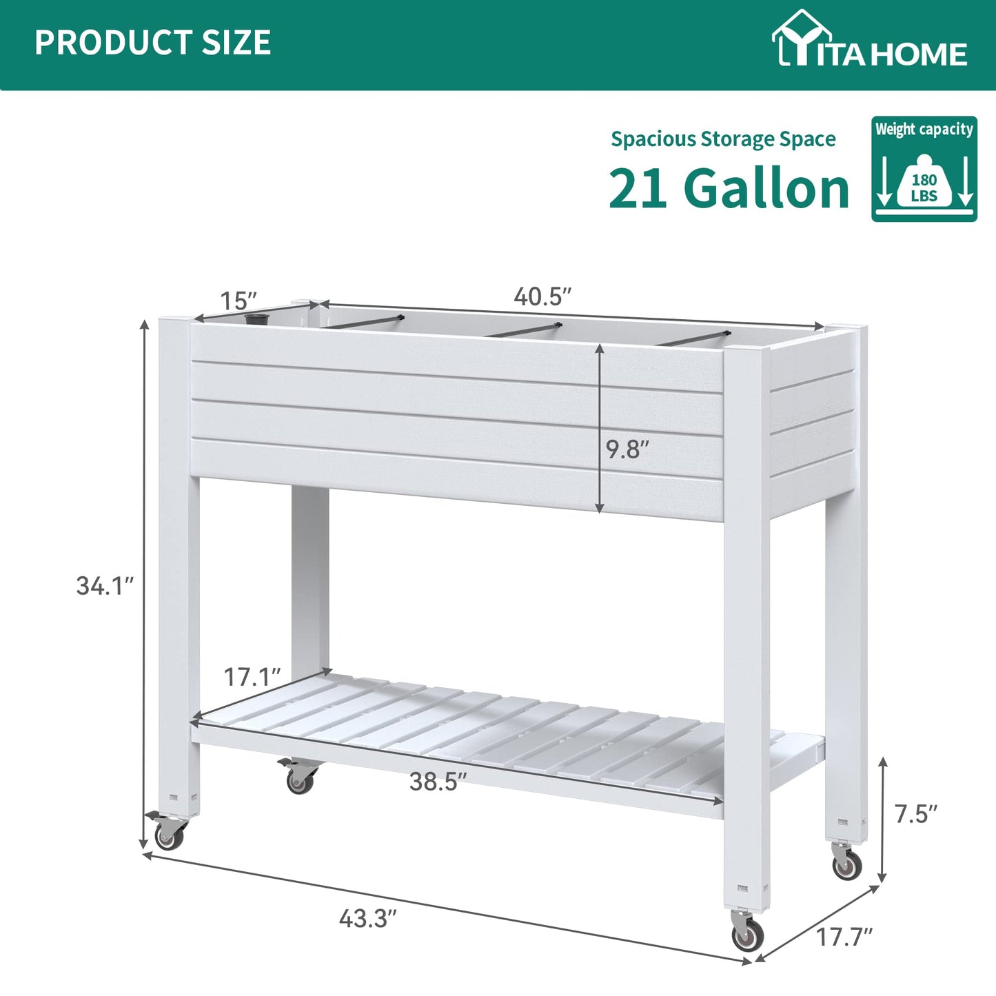 YITAHOME Raised Garden Bed Outdoor 43.3x17.7x34 in Raised Planter Box with Legs, Drain Plug and Storage Shelf, Elevated Planter Box for Plants Vegetables Flowers Herbs, White