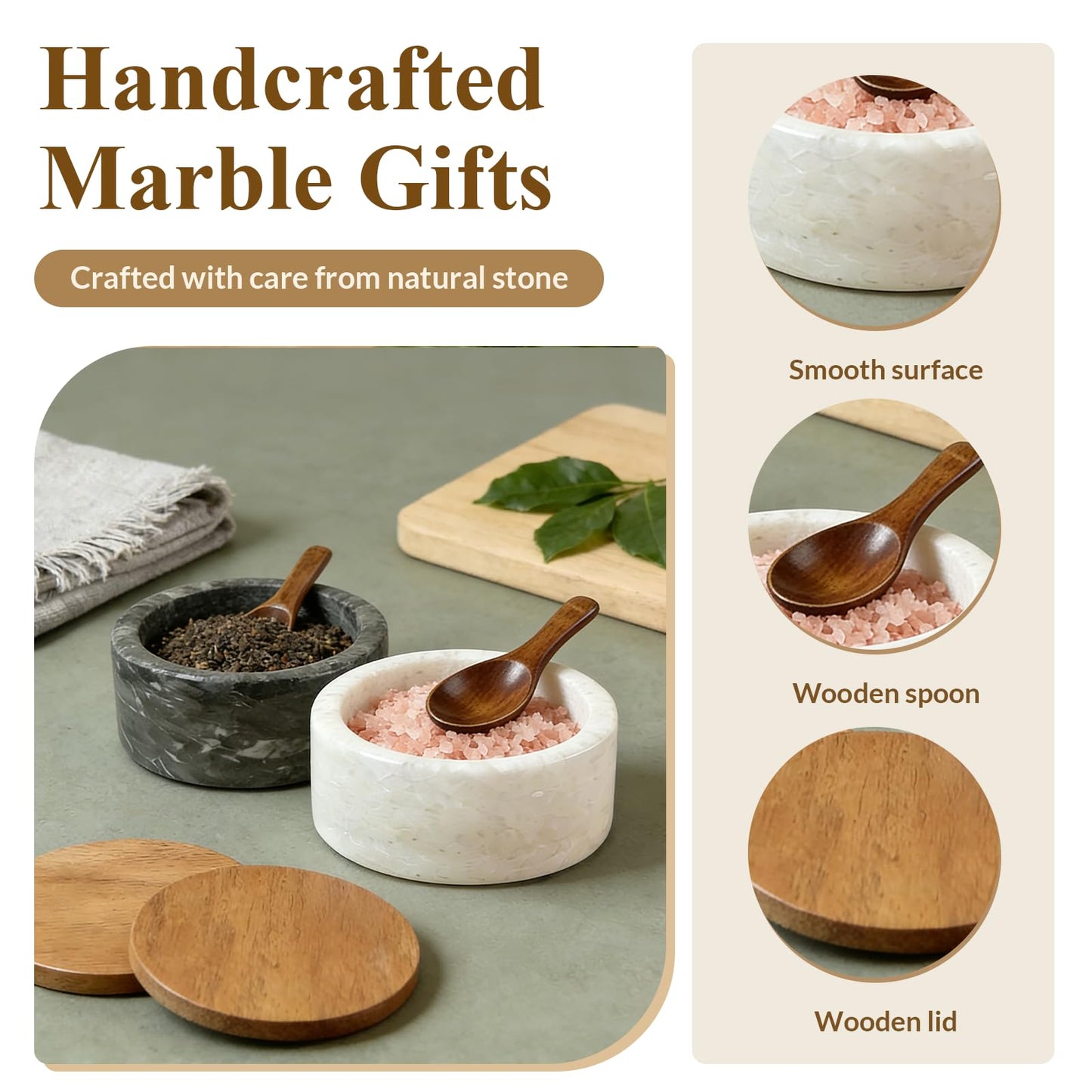 ZJSYTQS Marble Salt and Pepper Bowls,2Pcs Handcrafted Solid Marble Salt and Pepper shakers with Lids and Spoons, Stackable Spice Containers for Kitchen Counter Decor