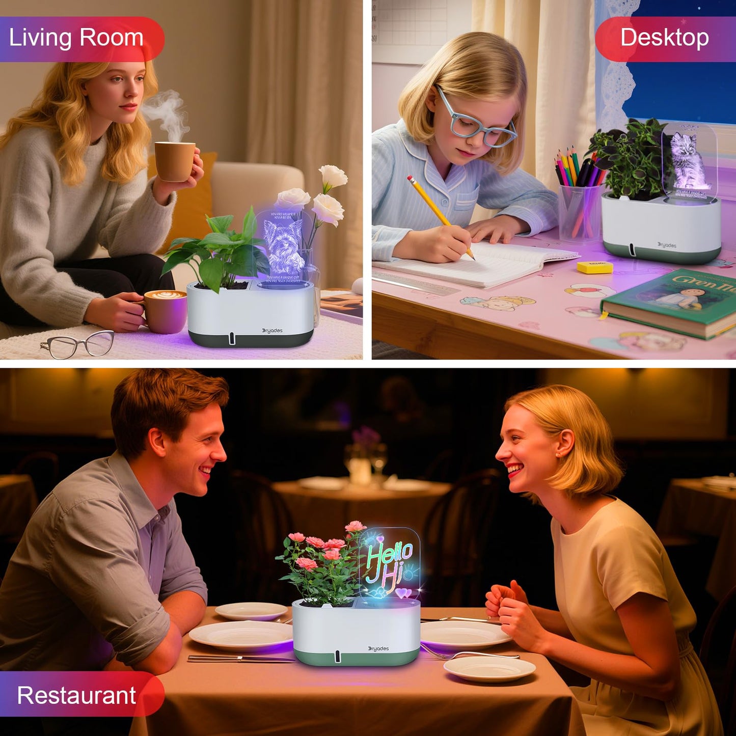 DRYADES Self-Watering Plant Pot with LED Note Board & 7 Colors Pen, Led Acrylic Message Board with Plant Pot,Dog Board Night Light with Planting Pot for Mother's Day/Thanksgiving/Gifts(No Plant&Seed)
