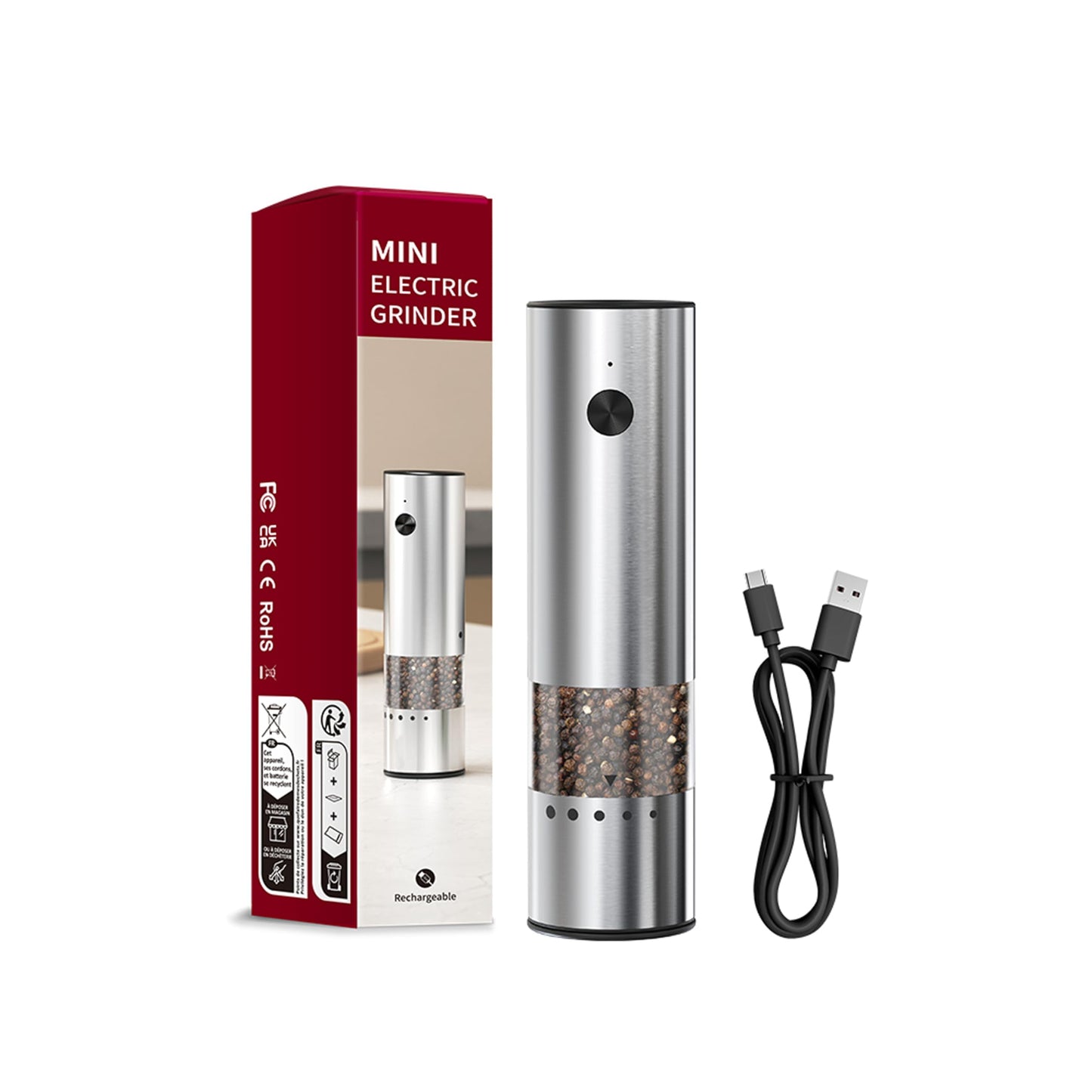 Mini Electric Salt and Pepper Grinder Stainless steel, USB Rechargeable, Small Automatic Salt Pepper Mill Grinder, Travel/Outdoor BBQ/Children, One-Button Control,External Adjustable Coarseness
