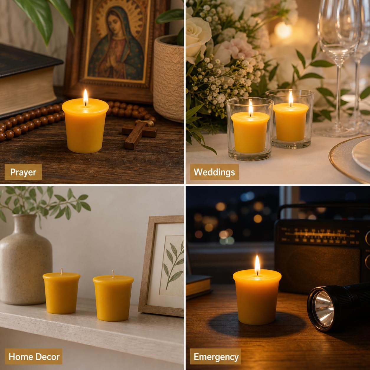 6 Pack Beeswax Votive Candles 2x2 Inch, 10-Hour Burn Time (60 Hrs Total), Smokeless & Unscented 100% Pure Natural Wax Candles for Prayer, Home Decor, Emergency & Weddings